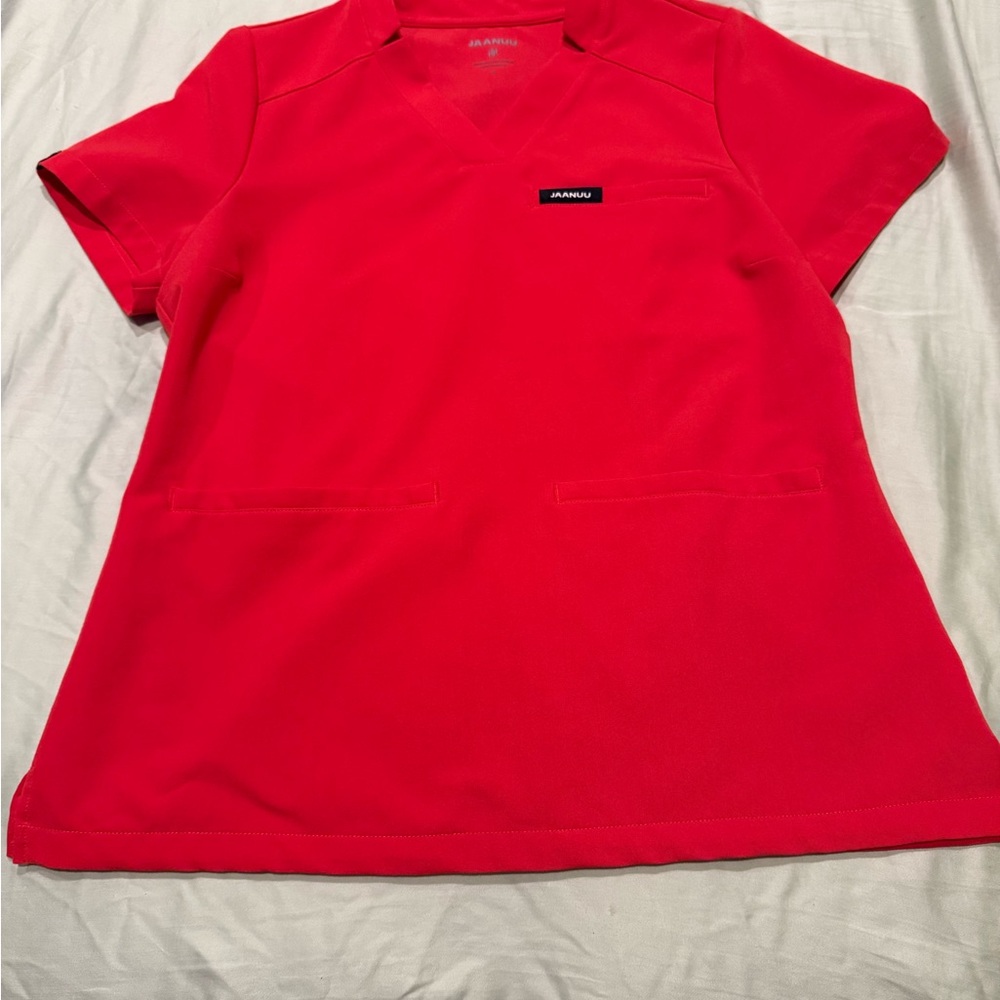 Women’s Jaanuu Coral Red V-Neck Scrub Top & Jogger Pants Set small